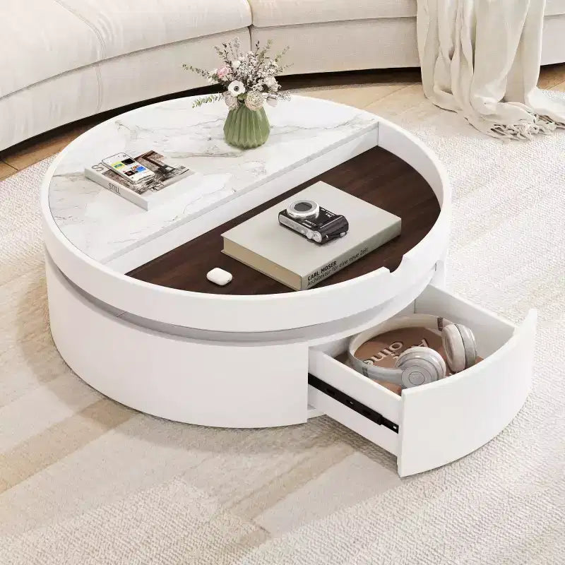 29,5 Table basse relevable moderne et ronde avec rangement, table d'appoint compacte pour petits salons ou appartements - Panipeachy