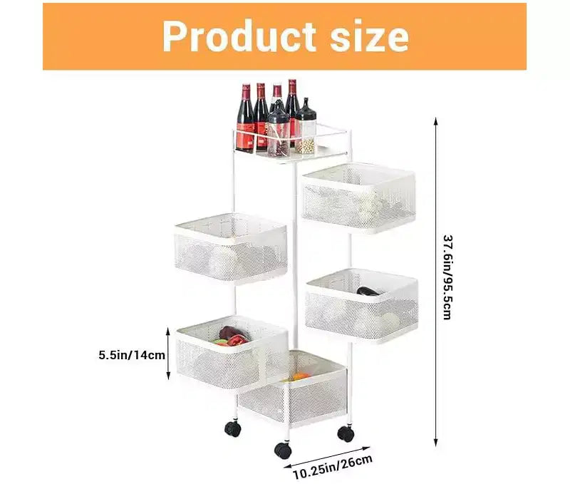 Étagère de Rangement Rotative à 5 Niveaux pour Cuisine, Chariot de Cuisine en Maille Métallique avec Couvercle Supérieur, Rangement sur Roues pour Fruits Légumes et Épicerie