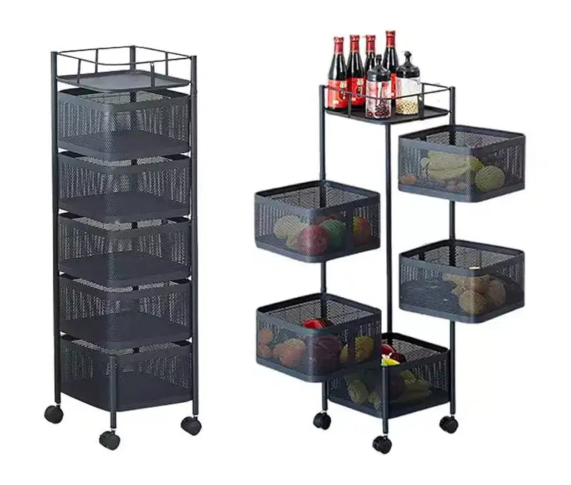 Étagère de Rangement Rotative à 5 Niveaux pour Cuisine, Chariot de Cuisine en Maille Métallique avec Couvercle Supérieur, Rangement sur Roues pour Fruits Légumes et Épicerie