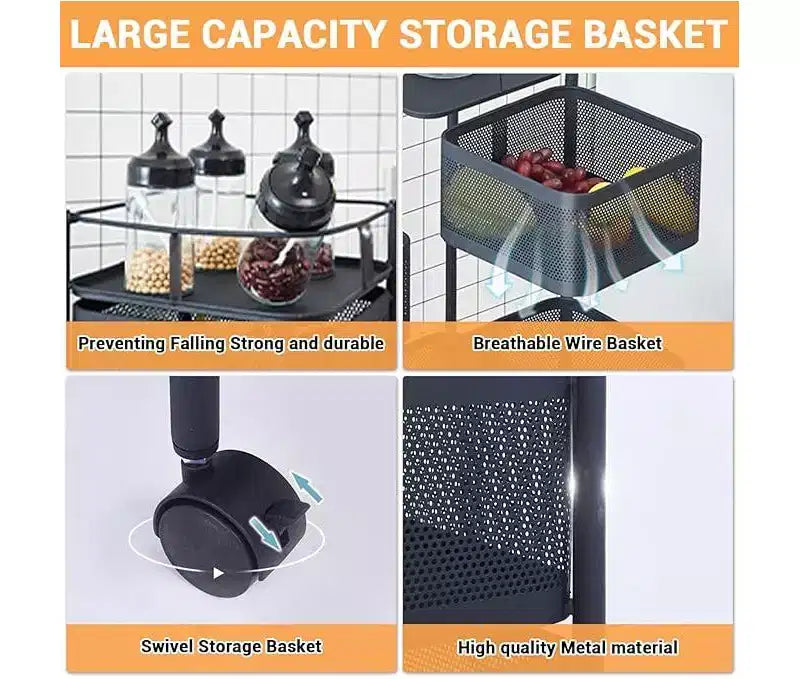 Étagère de Rangement Rotative à 5 Niveaux pour Cuisine, Chariot de Cuisine en Maille Métallique avec Couvercle Supérieur, Rangement sur Roues pour Fruits Légumes et Épicerie