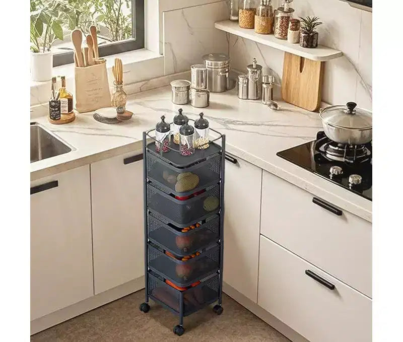 Étagère de Rangement Rotative à 5 Niveaux pour Cuisine, Chariot de Cuisine en Maille Métallique avec Couvercle Supérieur, Rangement sur Roues pour Fruits Légumes et Épicerie