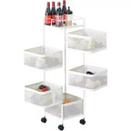 Étagère de Rangement Rotative à 5 Niveaux pour Cuisine, Chariot de Cuisine en Maille Métallique avec Couvercle Supérieur, Rangement sur Roues pour Fruits Légumes et Épicerie