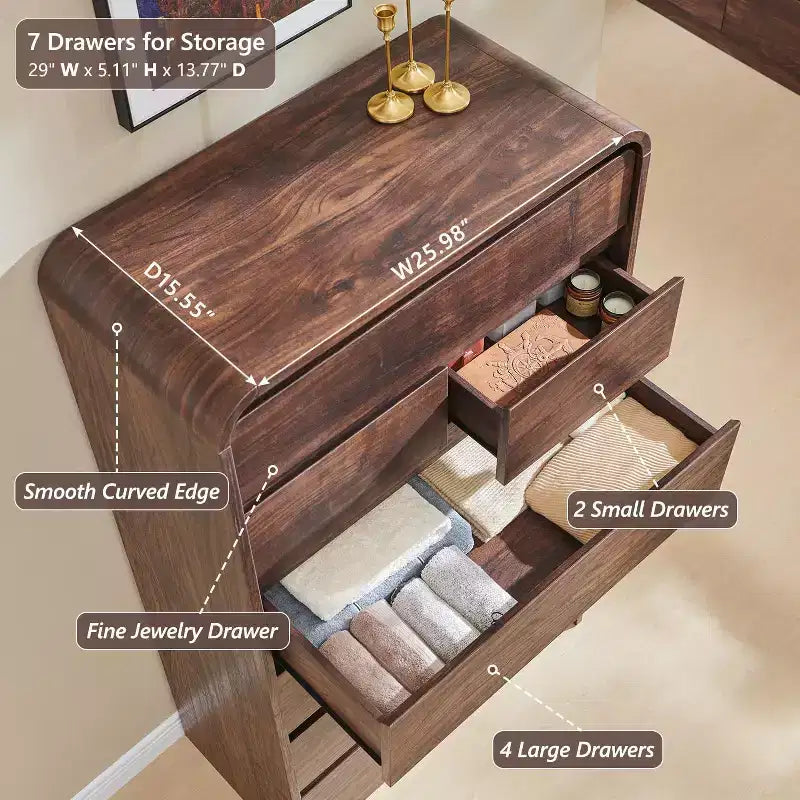 Commode à 7 tiroirs pour chambre à coucher, commode et chiffonnier modernes au design incurvé, commode en bois pour salon