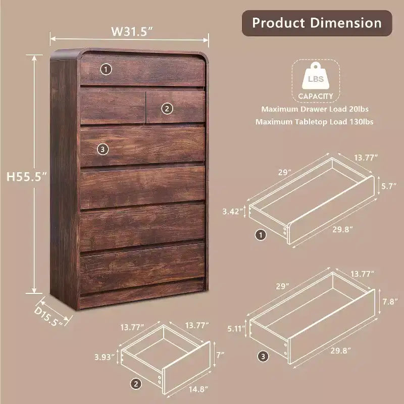 Commode à 7 tiroirs pour chambre à coucher, commode et chiffonnier modernes au design incurvé, commode en bois pour salon