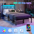 Cadre de lit double moderne avec bande lumineuse LED et station de charge, plateforme en métal noir, sommier tapissier, étagère de rangement, tête de lit, aucun sommier à ressorts requis