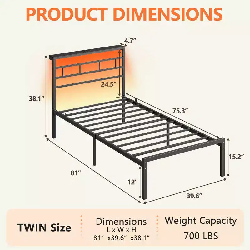 Cadre de lit double moderne avec bande lumineuse LED et station de charge, plateforme en métal noir, sommier tapissier, étagère de rangement, tête de lit, aucun sommier à ressorts requis