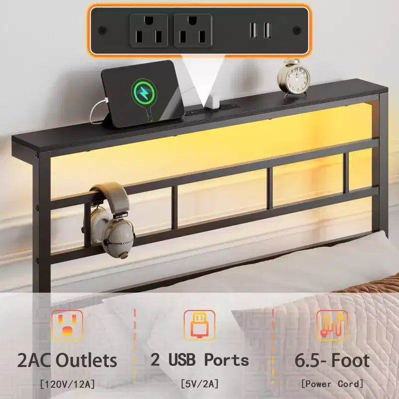 Cadre de lit double moderne avec bande lumineuse LED et station de charge, plateforme en métal noir, sommier tapissier, étagère de rangement, tête de lit, aucun sommier à ressorts requis