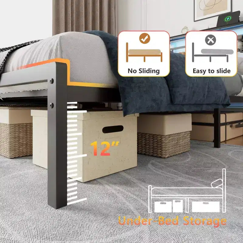 Cadre de lit double moderne avec bande lumineuse LED et station de charge, plateforme en métal noir, sommier tapissier, étagère de rangement, tête de lit, aucun sommier à ressorts requis