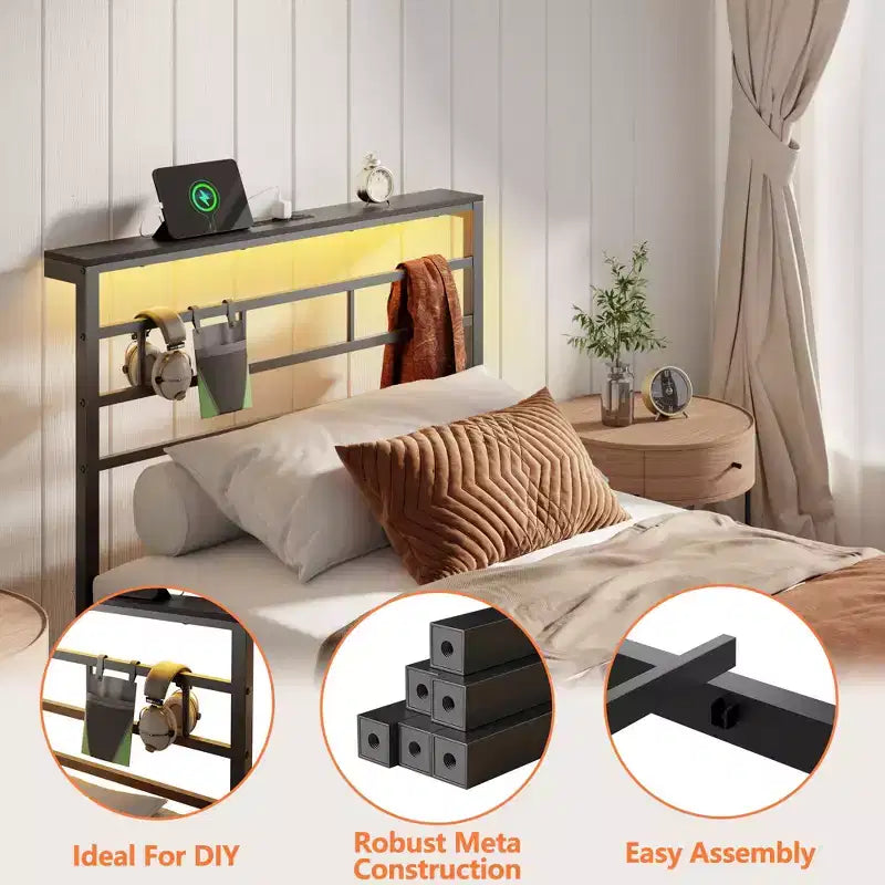 Cadre de lit double moderne avec bande lumineuse LED et station de charge, plateforme en métal noir, sommier tapissier, étagère de rangement, tête de lit, aucun sommier à ressorts requis