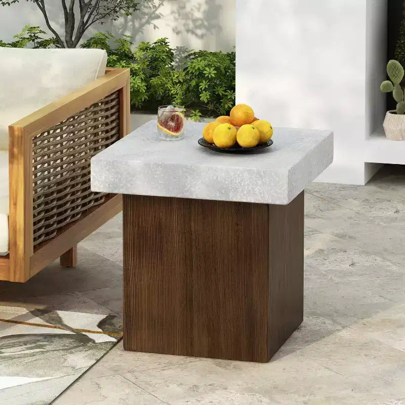 MAYEERTY 1 Pack Square Side Table, Faux Stone & Wood Texture End Table for Indoor Outdoor Living Room, Patio, Bedroom