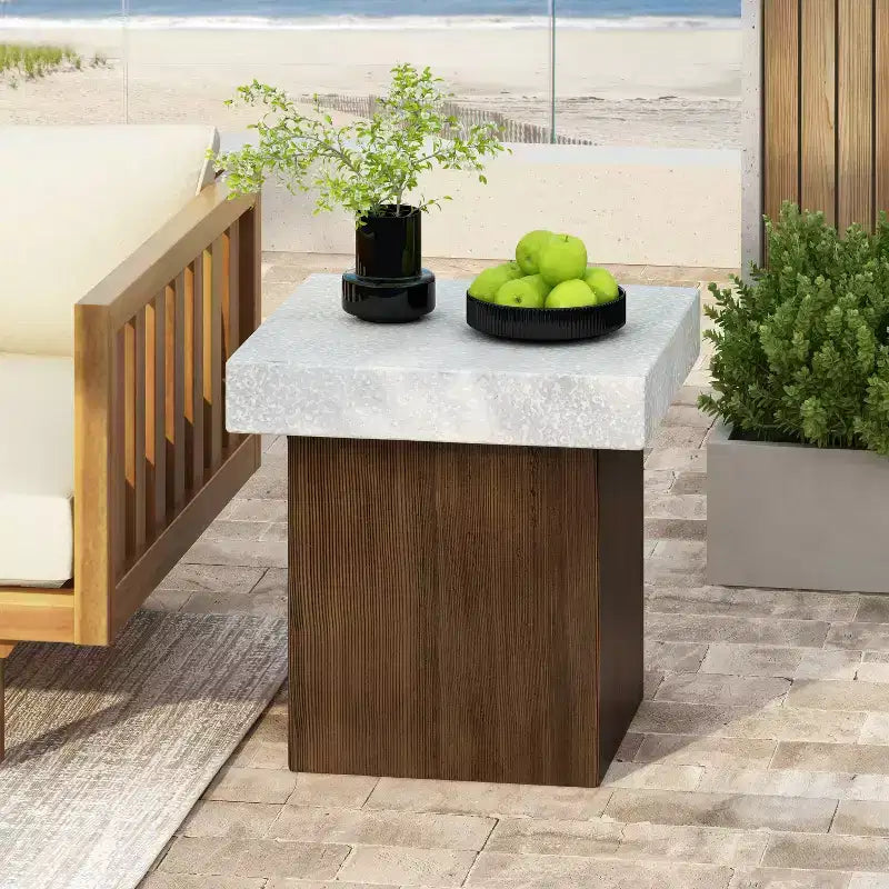 MAYEERTY 1 Pack Table d'appoint carrée, table de bout effet pierre et bois pour salon intérieur/extérieur, patio, chambre