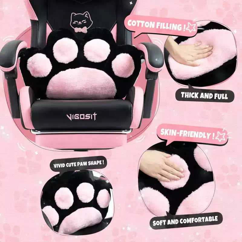 Chaise de jeu pivotante Okak Modern Cute Cat avec coussin lombaire patte, chaise d'ordinateur ergonomique haute pour adultes
