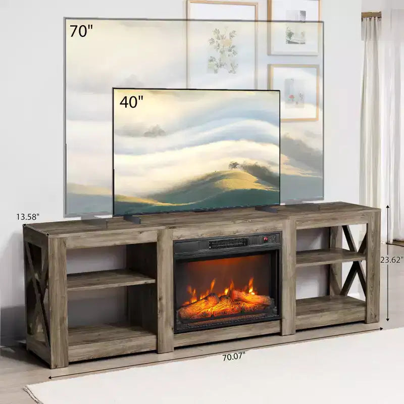 Meuble TV de ferme 70 po pour téléviseurs jusqu'à 70 po avec cheminée électrique 23 po et étagères réglables