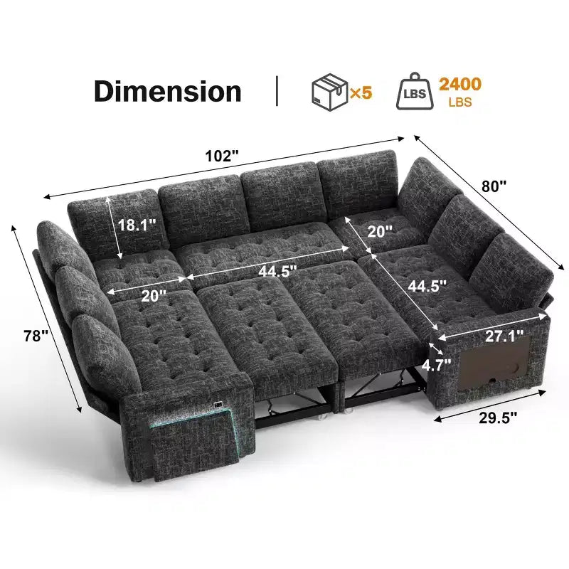 Dyonery Canapé-lit modulaire d'angle 8 places en U avec lit gigogne/dossier inclinable/ports USB/table/rangement, montage sans outils