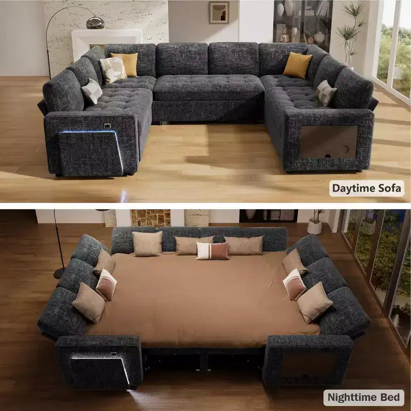 Dyonery Canapé-lit modulaire d'angle 8 places en U avec lit gigogne/dossier inclinable/ports USB/table/rangement, montage sans outils