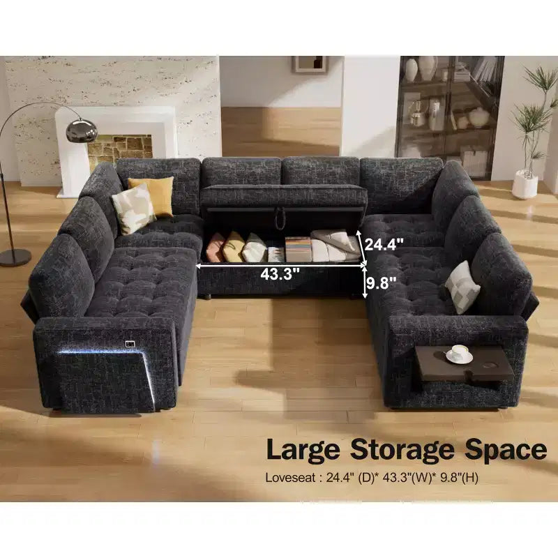 Dyonery Canapé-lit modulaire d'angle 8 places en U avec lit gigogne/dossier inclinable/ports USB/table/rangement, montage sans outils