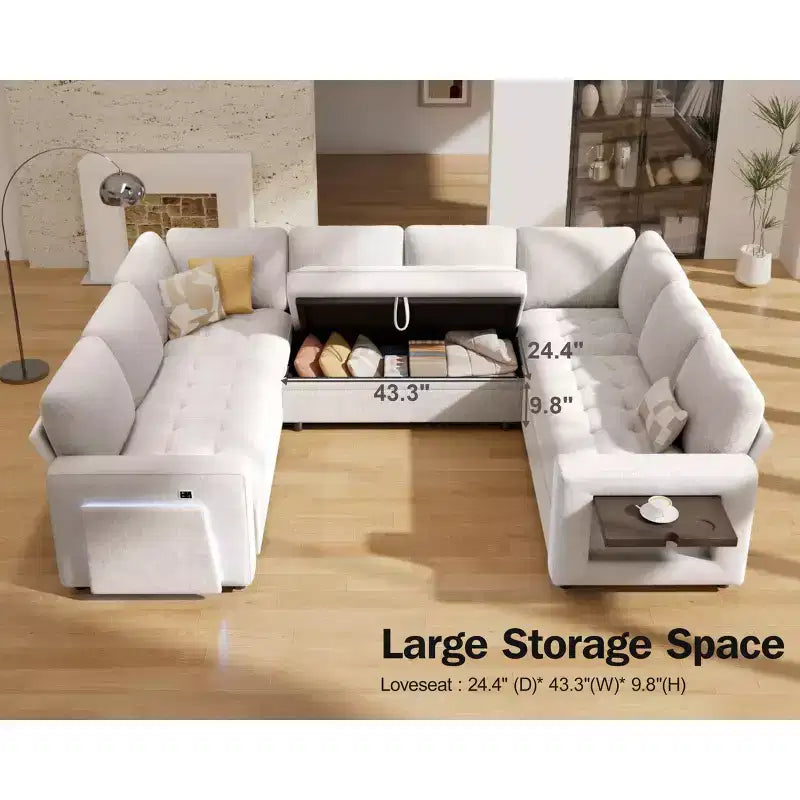 Dyonery Canapé-lit modulaire d'angle 8 places en U avec lit gigogne/dossier inclinable/ports USB/table/rangement, montage sans outils