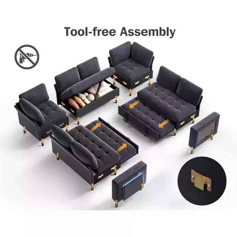 Dyonery Canapé-lit modulaire d'angle 8 places en U avec lit gigogne/dossier inclinable/ports USB/table/rangement, montage sans outils