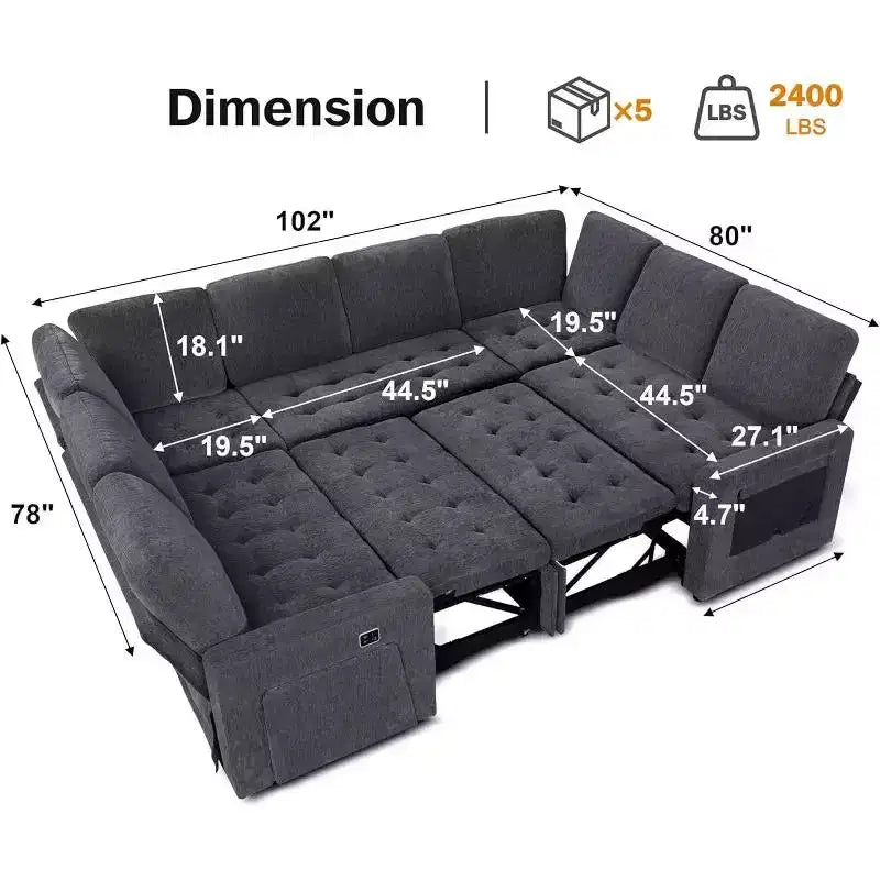 Dyonery Canapé-lit modulaire d'angle 8 places en U avec lit gigogne/dossier inclinable/ports USB/table/rangement, montage sans outils