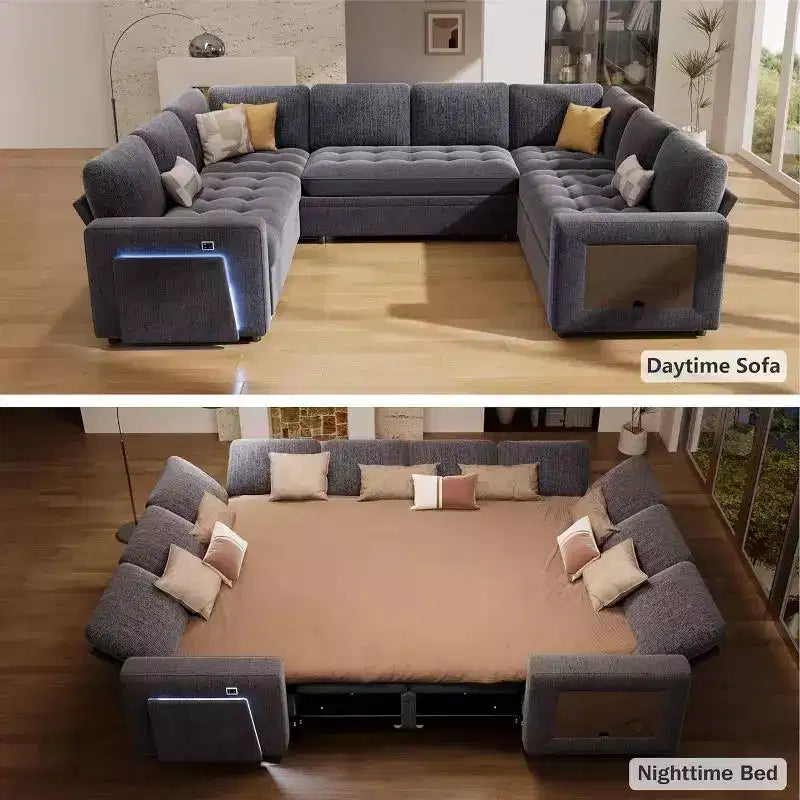 Dyonery Canapé-lit modulaire d'angle 8 places en U avec lit gigogne/dossier inclinable/ports USB/table/rangement, montage sans outils