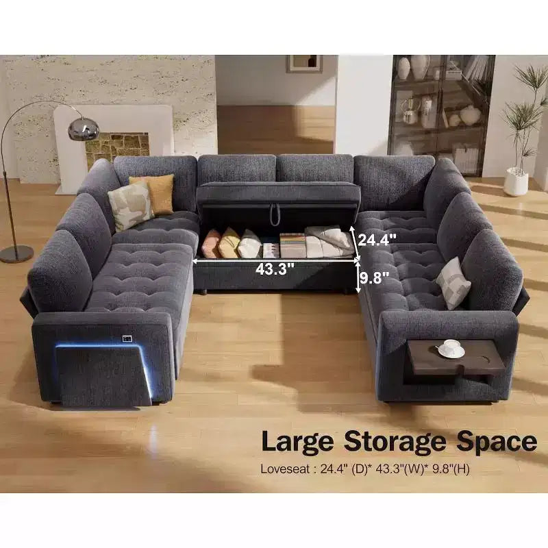 Dyonery Canapé-lit modulaire d'angle 8 places en U avec lit gigogne/dossier inclinable/ports USB/table/rangement, montage sans outils