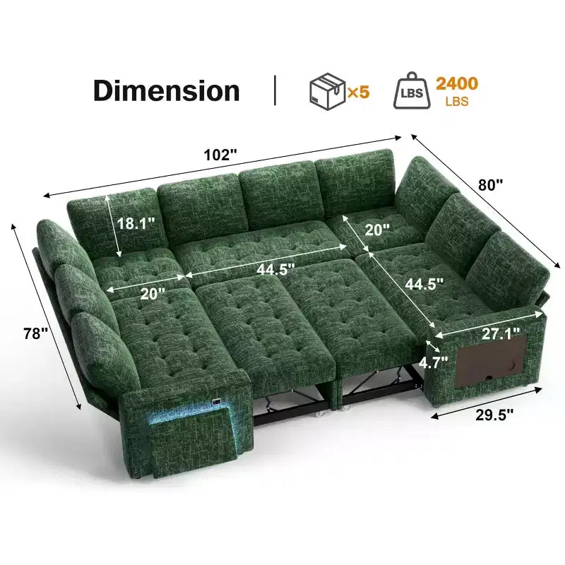 Dyonery Canapé-lit modulaire d'angle 8 places en U avec lit gigogne/dossier inclinable/ports USB/table/rangement, montage sans outils