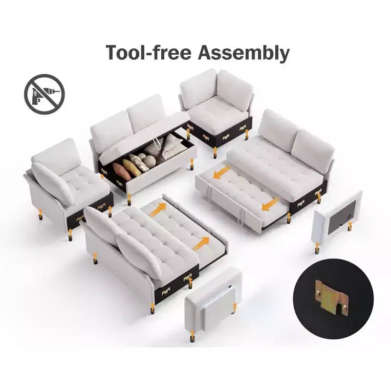 Dyonery Canapé-lit modulaire d'angle 8 places en U avec lit gigogne/dossier inclinable/ports USB/table/rangement, montage sans outils