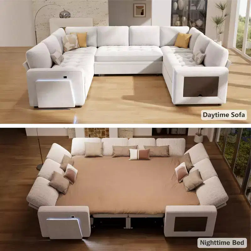 Dyonery Canapé-lit modulaire d'angle 8 places en U avec lit gigogne/dossier inclinable/ports USB/table/rangement, montage sans outils