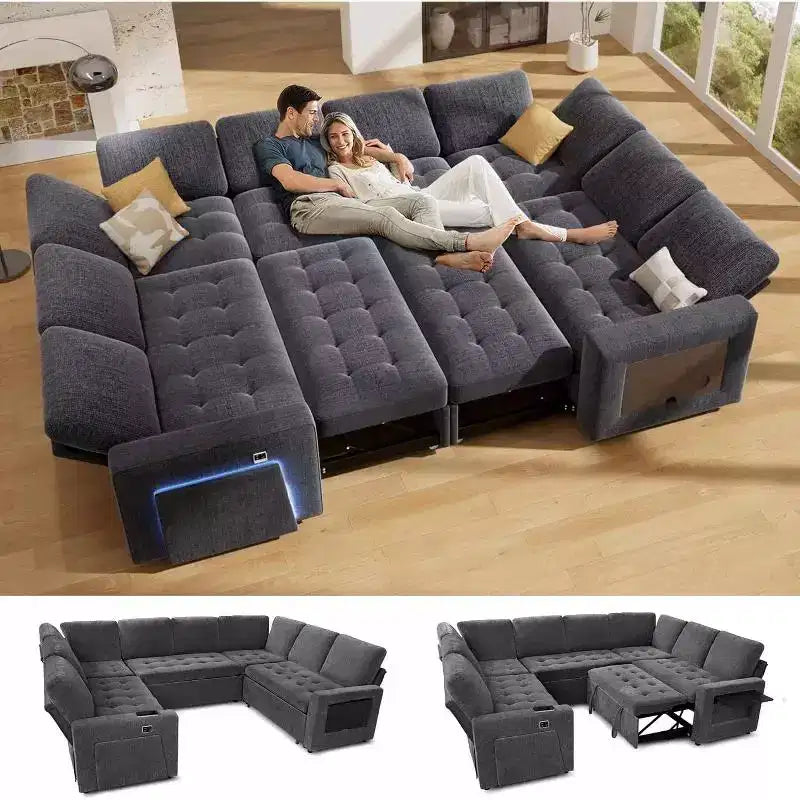 Dyonery Canapé-lit modulaire d'angle 8 places en U avec lit gigogne/dossier inclinable/ports USB/table/rangement, montage sans outils