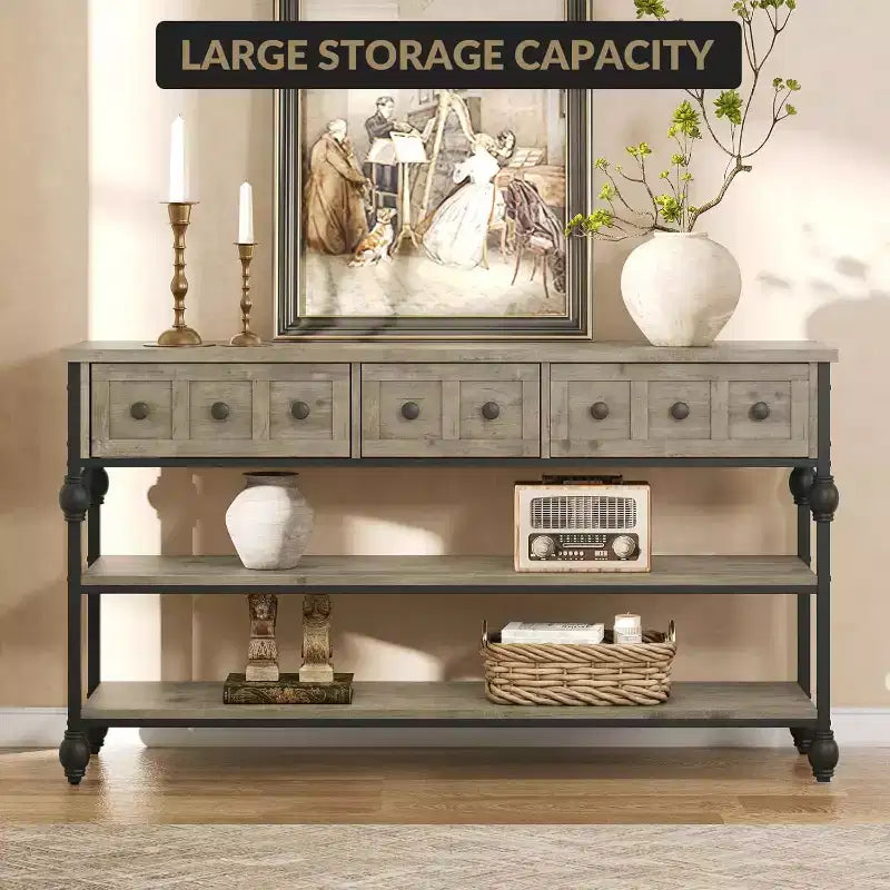 Table console de 53 pouces avec 3 tiroirs, table d'entrée industrielle avec étagères de rangement à 3 niveaux, pour couloir, salon, bureau