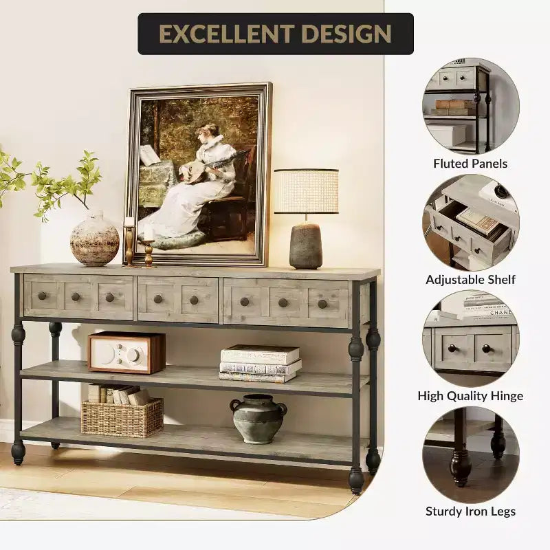 Table console de 53 pouces avec 3 tiroirs, table d'entrée industrielle avec étagères de rangement à 3 niveaux, pour couloir, salon, bureau