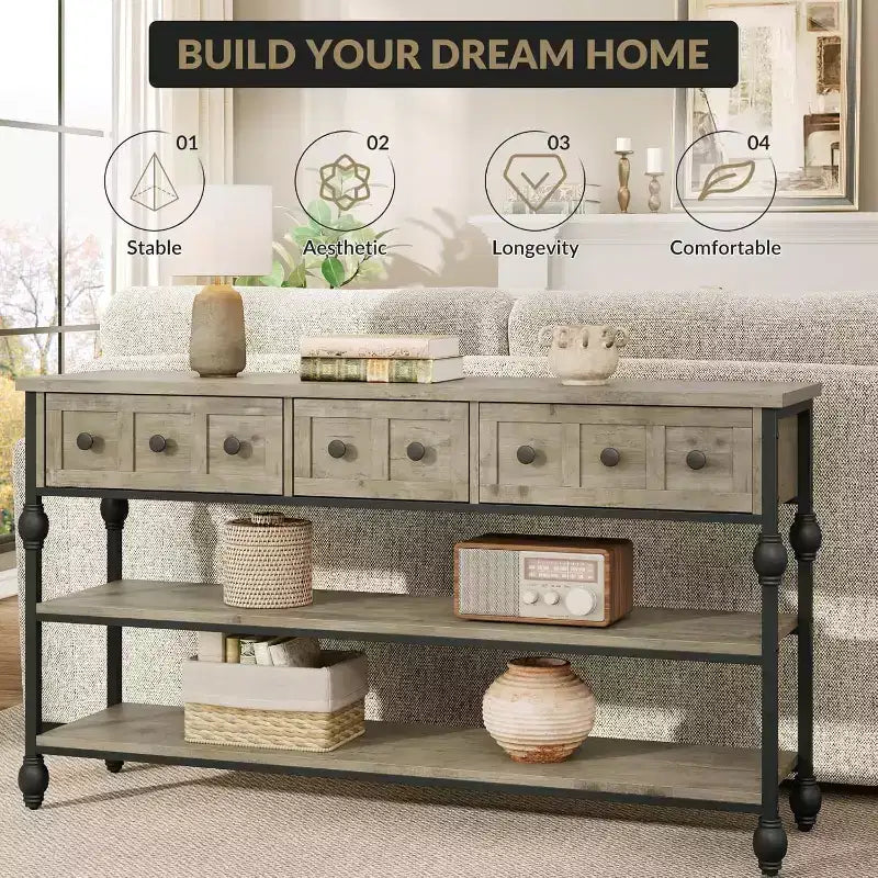 Table console de 53 pouces avec 3 tiroirs, table d'entrée industrielle avec étagères de rangement à 3 niveaux, pour couloir, salon, bureau
