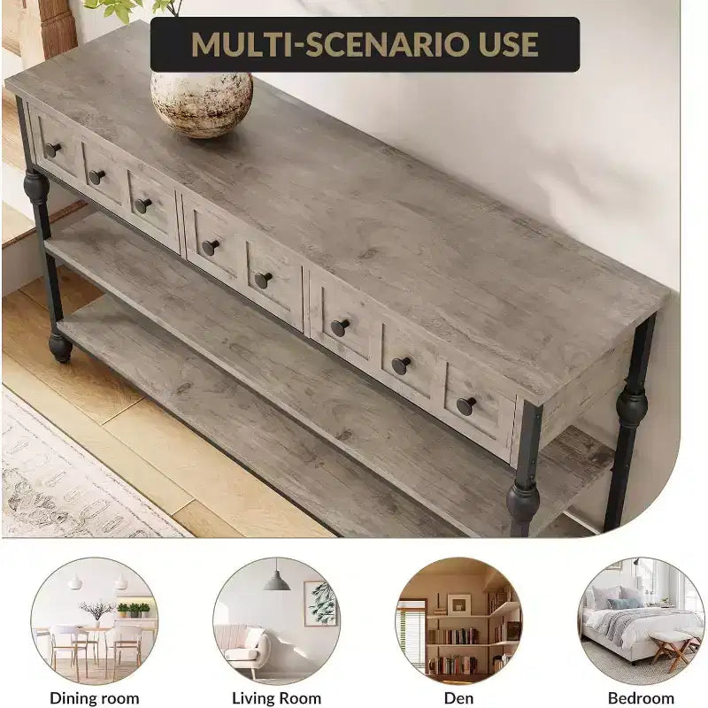 Table console de 53 pouces avec 3 tiroirs, table d'entrée industrielle avec étagères de rangement à 3 niveaux, pour couloir, salon, bureau