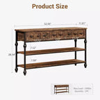 Table console de 53 pouces avec 3 tiroirs, table d'entrée industrielle avec étagères de rangement à 3 niveaux, pour couloir, salon, bureau