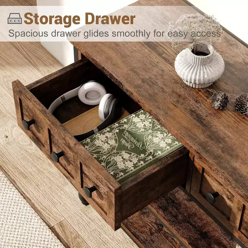 Table console de 53 pouces avec 3 tiroirs, table d'entrée industrielle avec étagères de rangement à 3 niveaux, pour couloir, salon, bureau