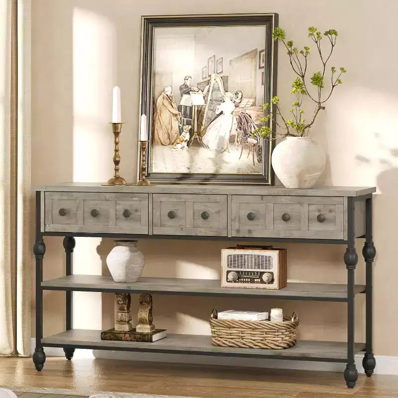 Table console de 53 pouces avec 3 tiroirs, table d'entrée industrielle avec étagères de rangement à 3 niveaux, pour couloir, salon, bureau