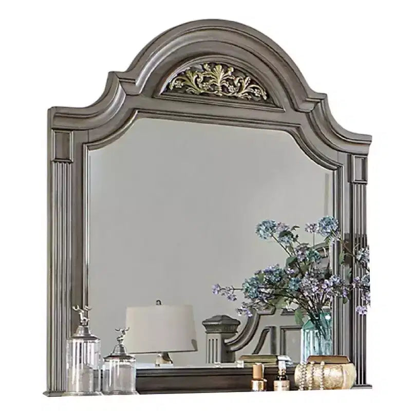 Miroir de commode Royal Hampton, forme arquée florale de 49 pouces, bois massif gris