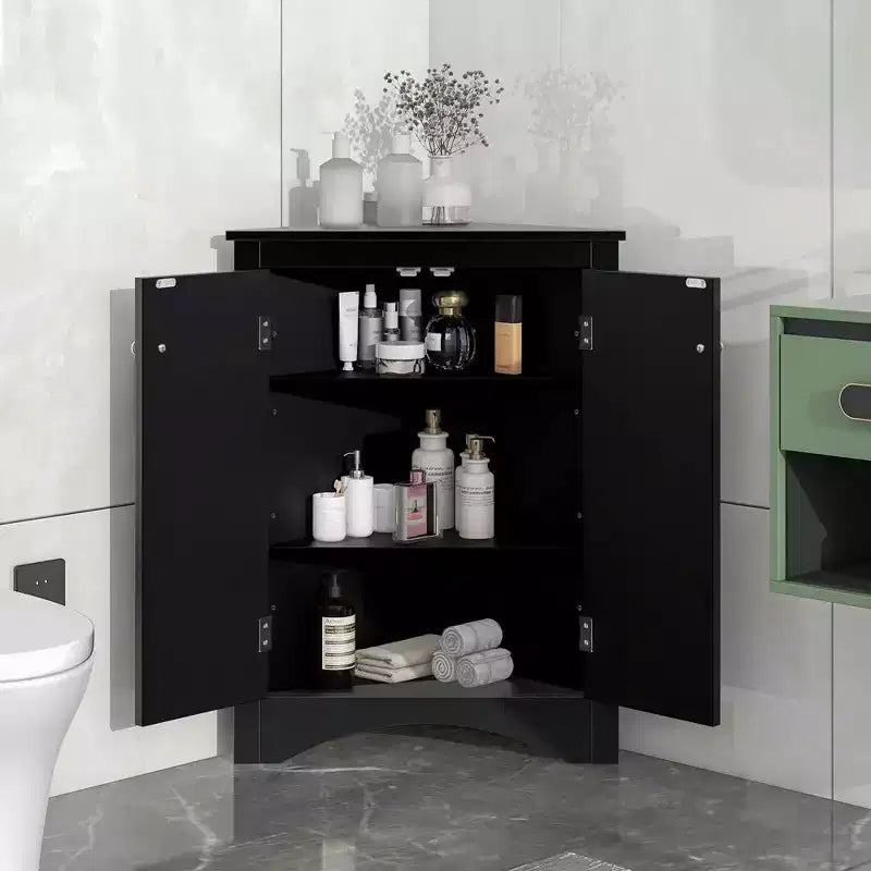 Meuble de salle de bain triangulaire blanc MAYEERTY, étagères réglables, meuble bas autoportant