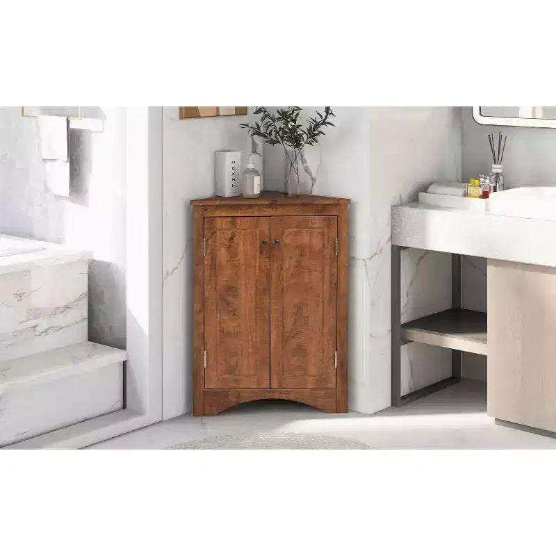Meuble de salle de bain triangulaire blanc MAYEERTY, étagères réglables, meuble bas autoportant
