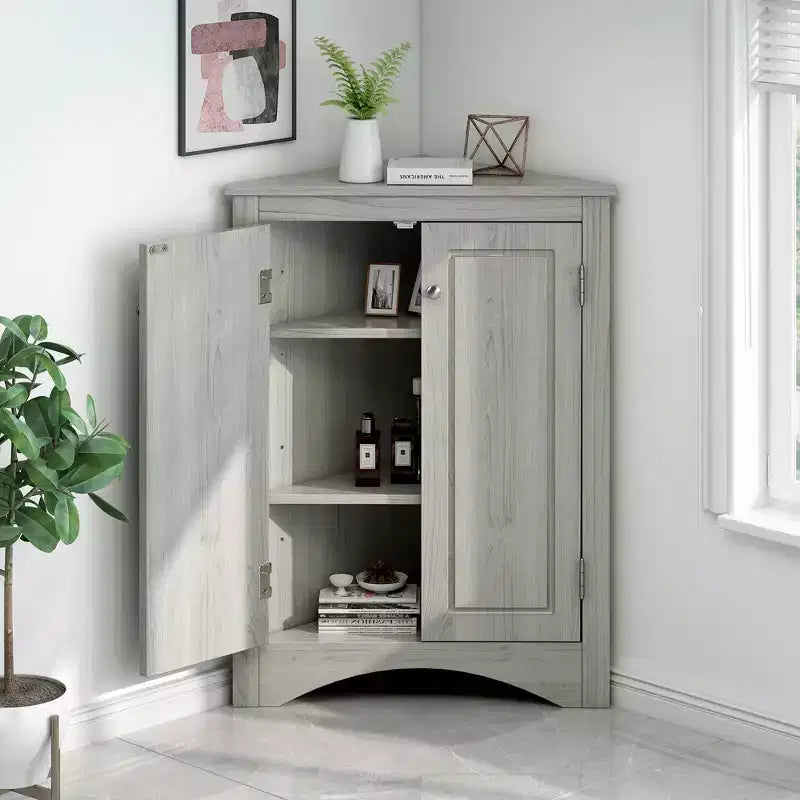 Meuble de salle de bain triangulaire blanc MAYEERTY, étagères réglables, meuble bas autoportant