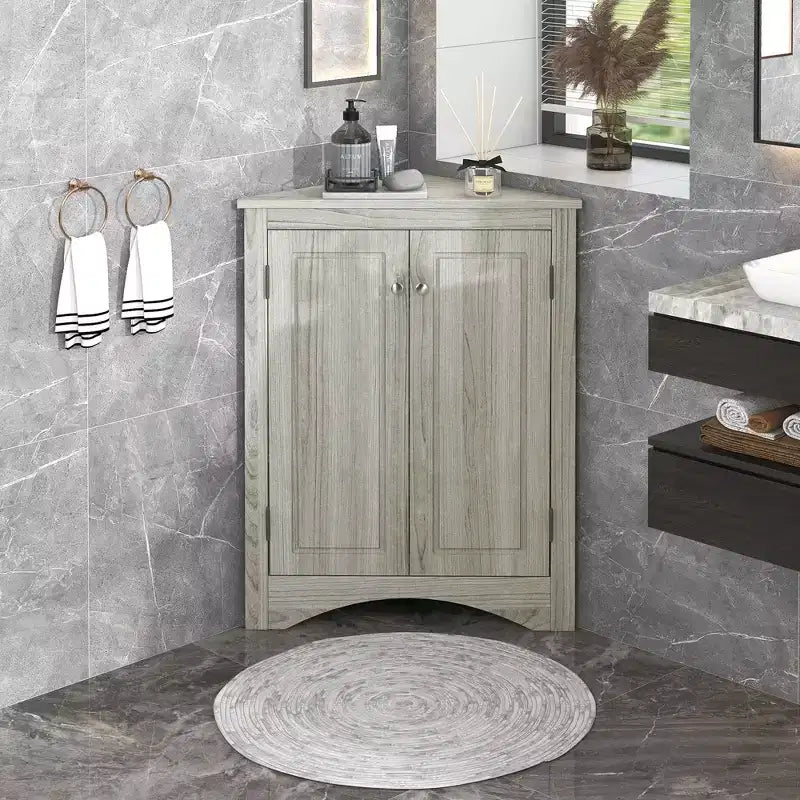 Meuble de salle de bain triangulaire blanc MAYEERTY, étagères réglables, meuble bas autoportant