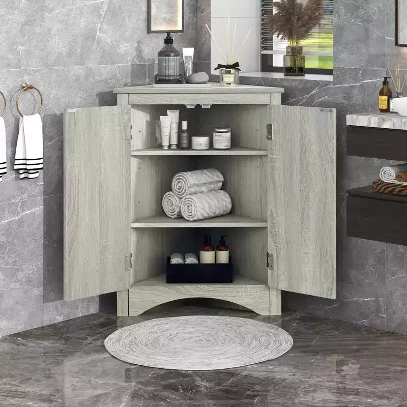 Meuble de salle de bain triangulaire blanc MAYEERTY, étagères réglables, meuble bas autoportant
