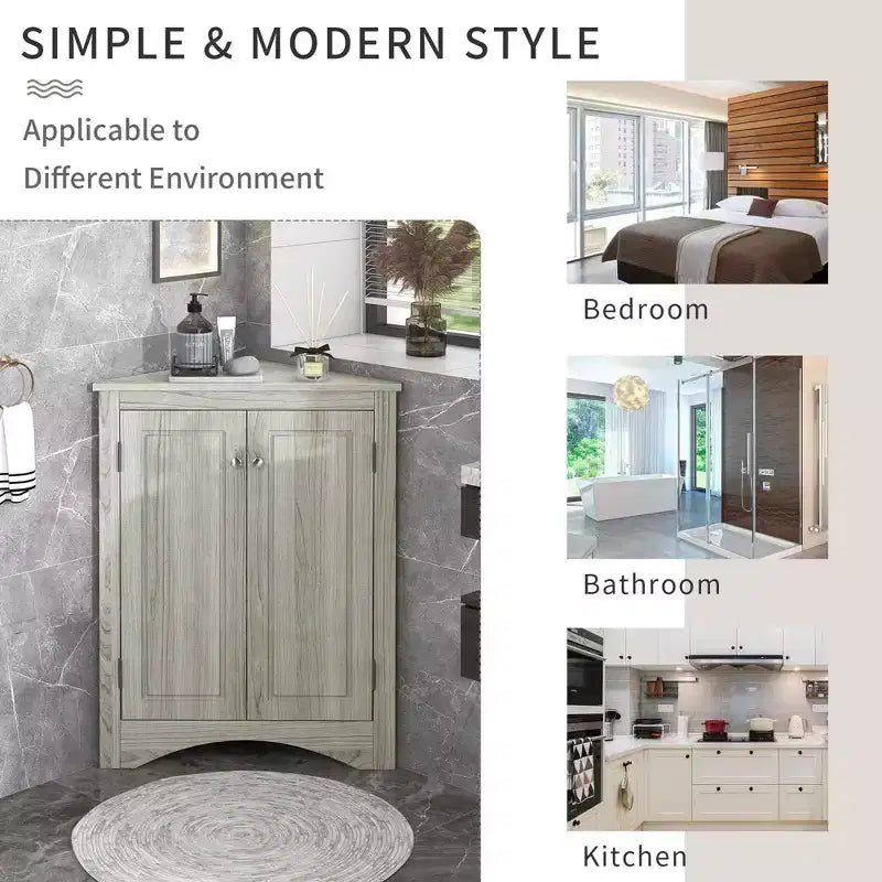 Meuble de salle de bain triangulaire blanc MAYEERTY, étagères réglables, meuble bas autoportant
