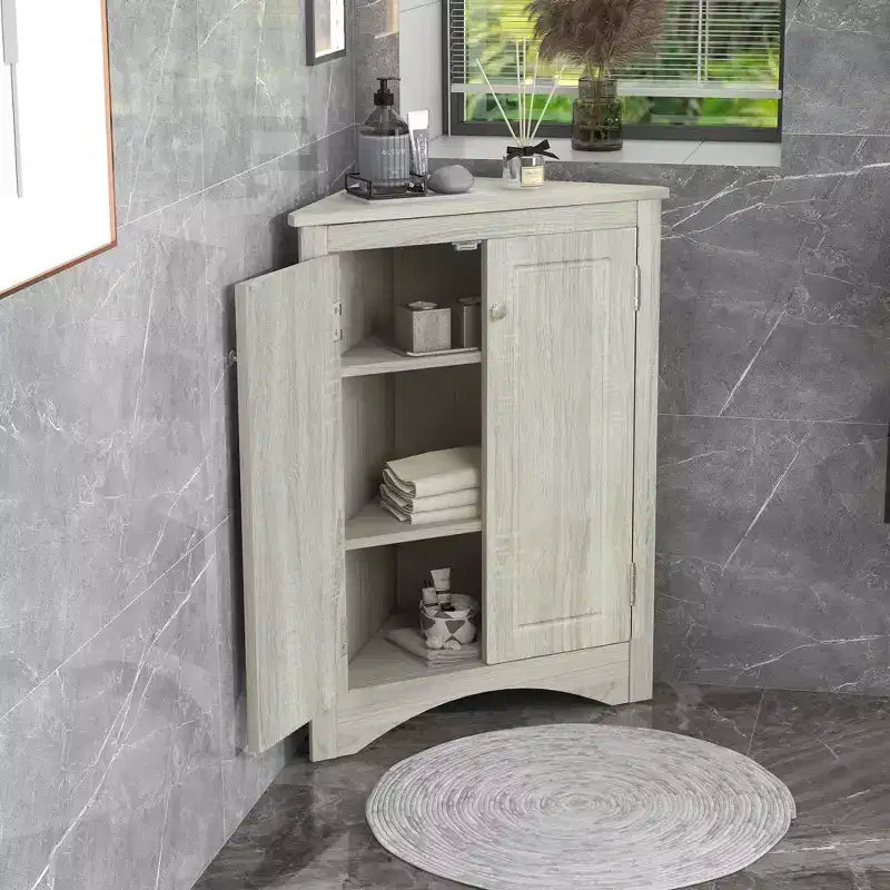 Meuble de salle de bain triangulaire blanc MAYEERTY, étagères réglables, meuble bas autoportant