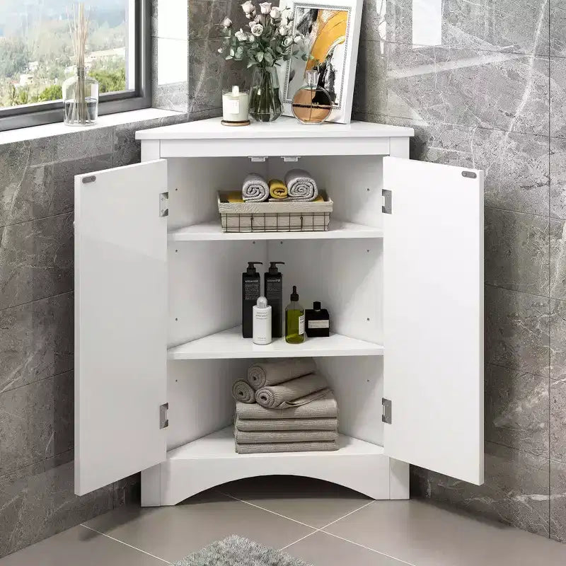 Meuble de salle de bain triangulaire blanc MAYEERTY, étagères réglables, meuble bas autoportant