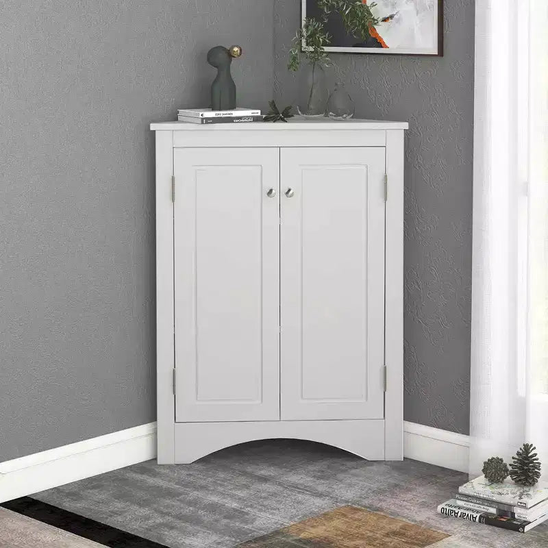 Meuble de salle de bain triangulaire blanc MAYEERTY, étagères réglables, meuble bas autoportant