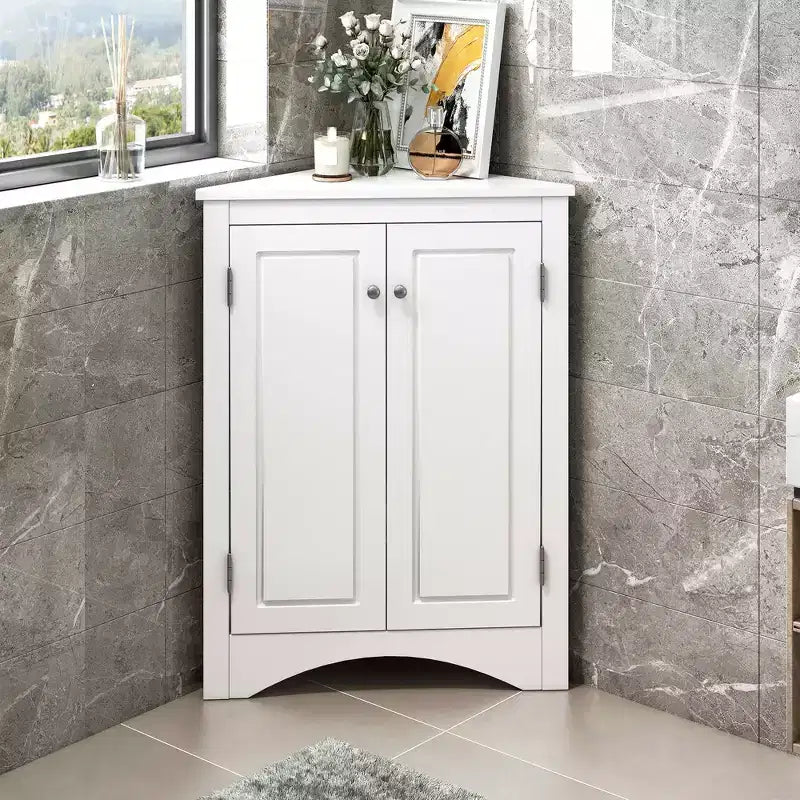 Meuble de salle de bain triangulaire blanc MAYEERTY, étagères réglables, meuble bas autoportant