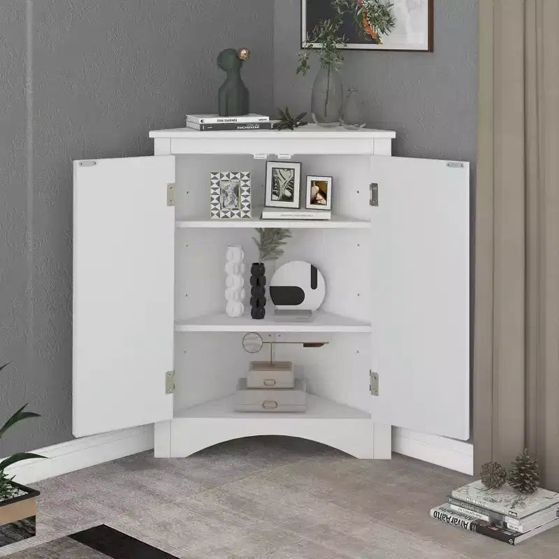 Meuble de salle de bain triangulaire blanc MAYEERTY, étagères réglables, meuble bas autoportant