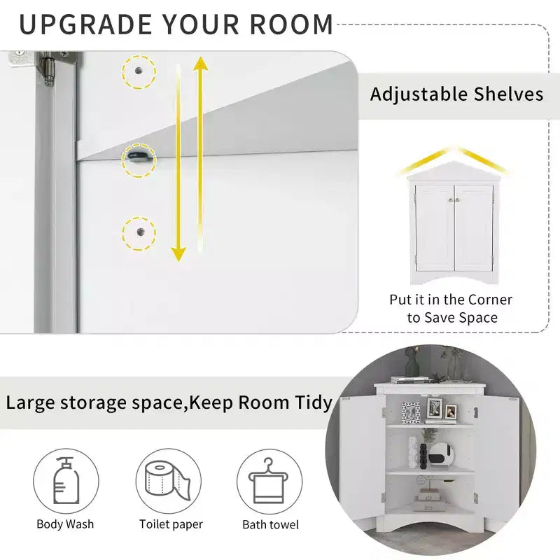 Meuble de salle de bain triangulaire blanc MAYEERTY, étagères réglables, meuble bas autoportant