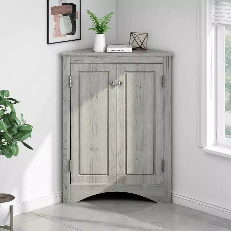 Meuble de salle de bain triangulaire blanc MAYEERTY, étagères réglables, meuble bas autoportant
